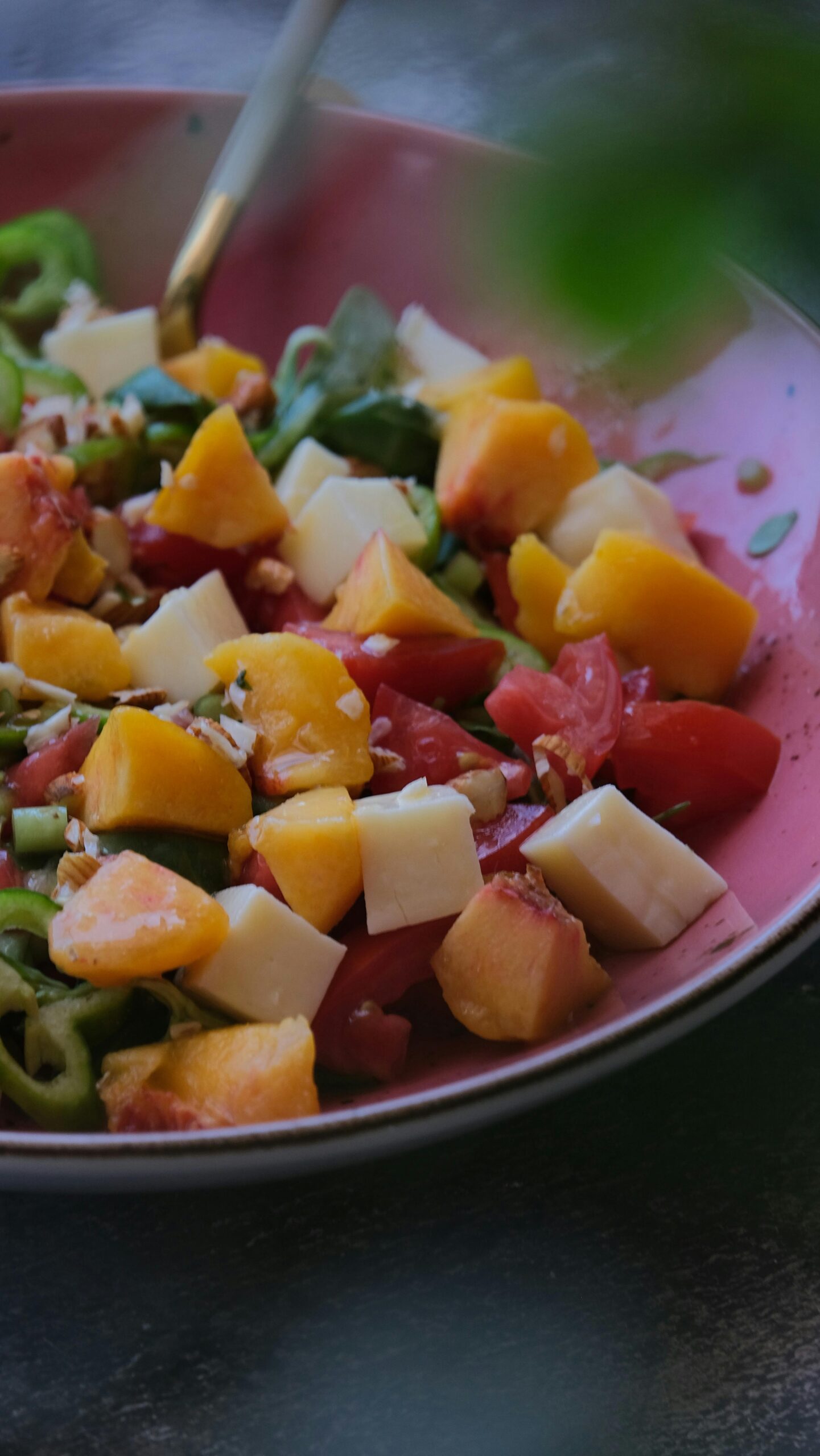 Fresh summer salad with peaches, tomatoes, and cheese in a pink bowl.